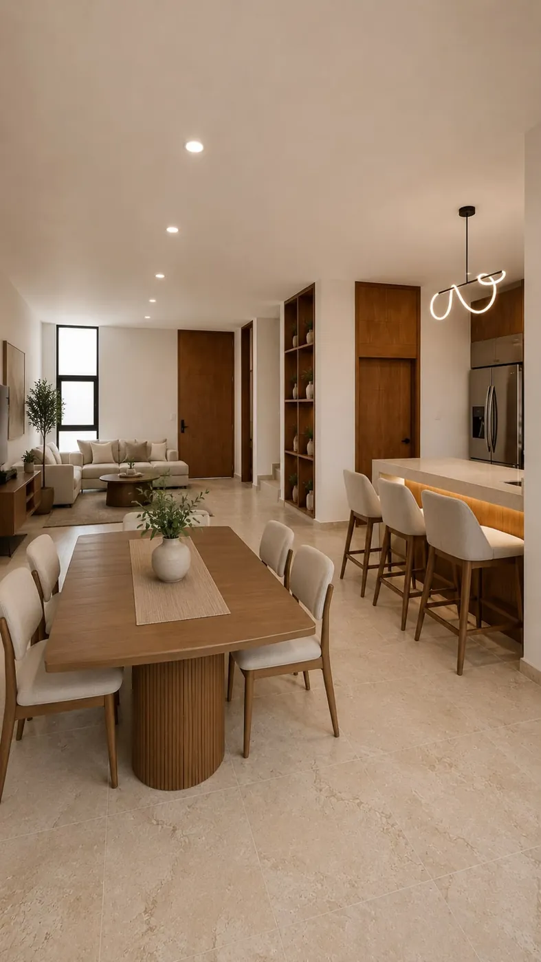Sala-comedor de la Casa Amatista en Real Campestre, Villahermosa (mobiliario agregado digitalmente)