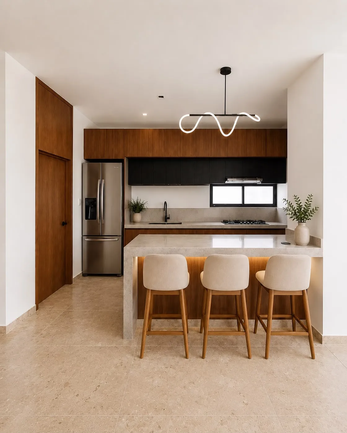 Cocina con barra de la Casa Amatista en Real Campestre, Villahermosa (mobiliario agregado digitalmente)