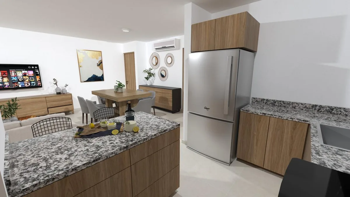 Render ilustrativo: cocina con barra de granito del departamento en Atasta