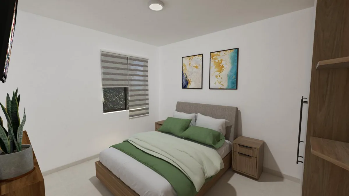 Render ilustrativo: recámara con clóset del departamento en Atasta