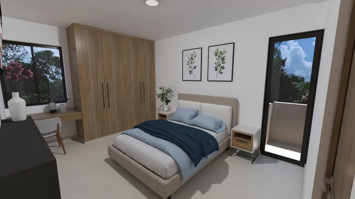Render ilustrativo: segunda recámara del departamento en Atasta